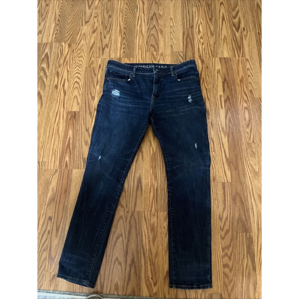 American‎ Eagle Relaxed Straight Denim Jeans SZ 36x32 Blue Cotton Distressed